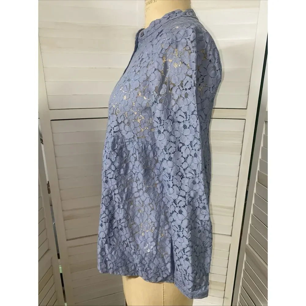 Michael Kors Sheer Lace Shirt Women’s Long Sleeve Babydoll 1/2 Button Up Medium